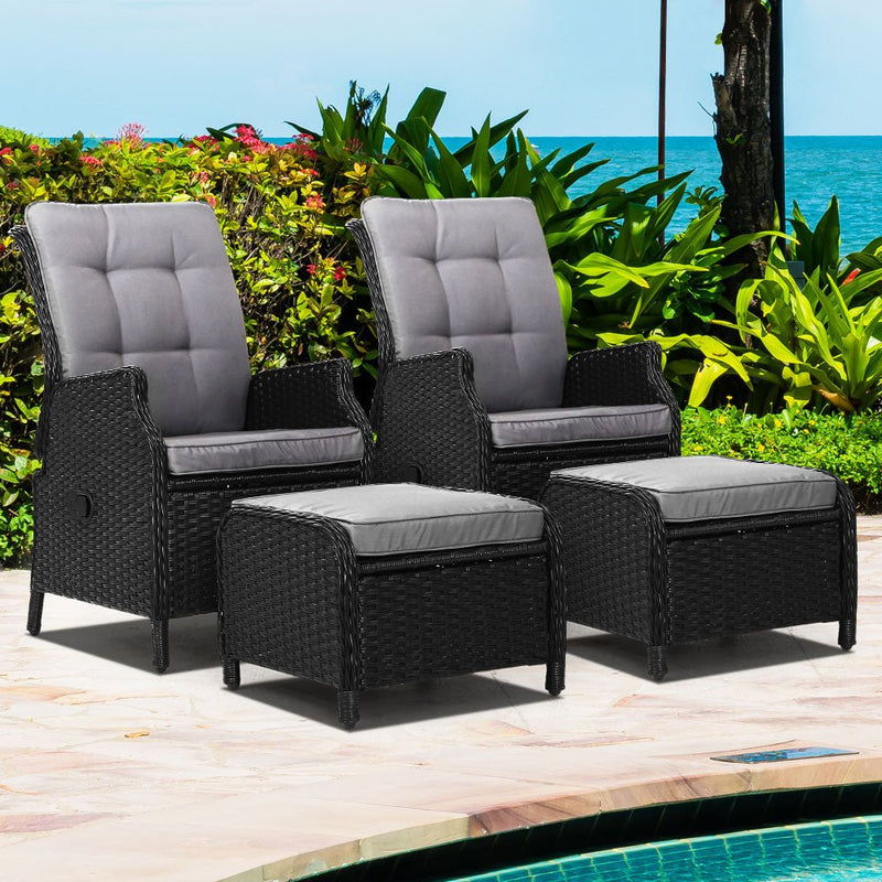 4 Piece Elizabeth Wicker Recliner Chairs with Ottomans (Black) - Rivercity House & Home Co. (ABN 18 642 972 209) - Affordable Modern Furniture Australia