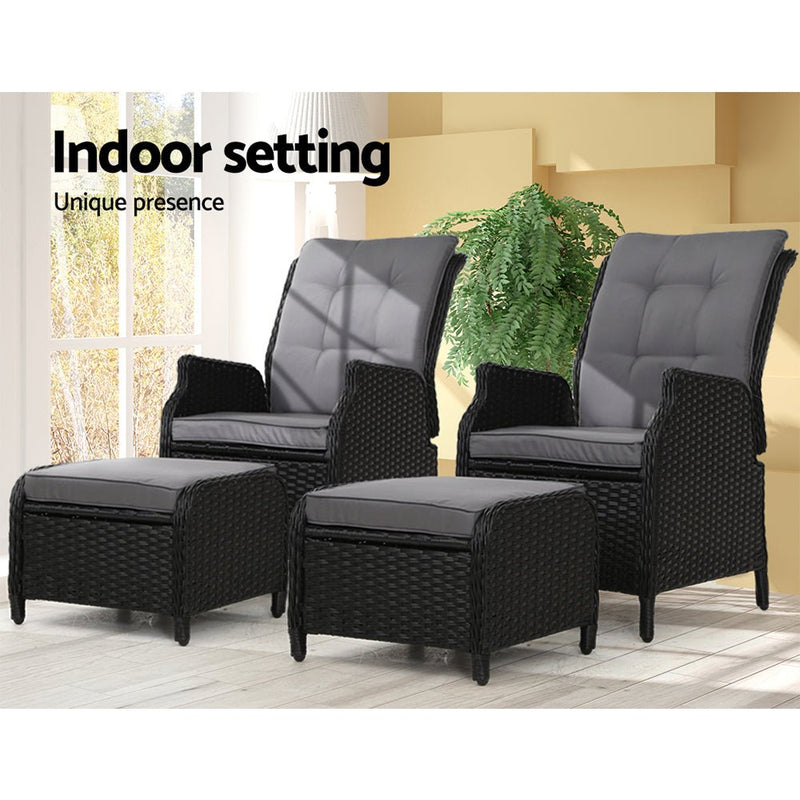 4 Piece Elizabeth Wicker Recliner Chairs with Ottomans (Black) - Rivercity House & Home Co. (ABN 18 642 972 209) - Affordable Modern Furniture Australia