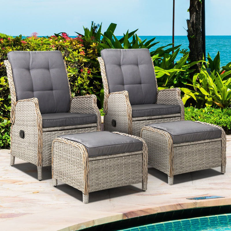 4 Piece Elizabeth Wicker Recliner Chairs with Ottomans (Grey) - Rivercity House & Home Co. (ABN 18 642 972 209) - Affordable Modern Furniture Australia