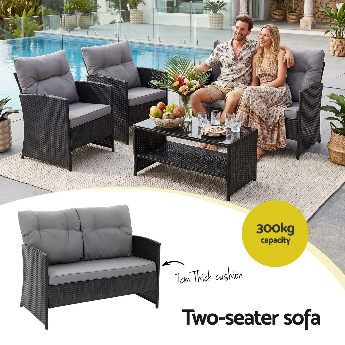 4-Piece Outdoor Rattan Sofa Set with Coffee Table and Chairs - Black - Furniture > Outdoor > Outdoor Sofas & Lounge Sets - Rivercity House & Home Co. (ABN 18 642 972 209) - Affordable Modern Furniture Australia