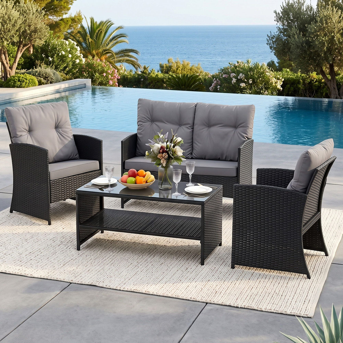 4-Piece Outdoor Rattan Sofa Set with Coffee Table and Chairs - Black - Furniture > Outdoor > Outdoor Sofas & Lounge Sets - Rivercity House & Home Co. (ABN 18 642 972 209) - Affordable Modern Furniture Australia