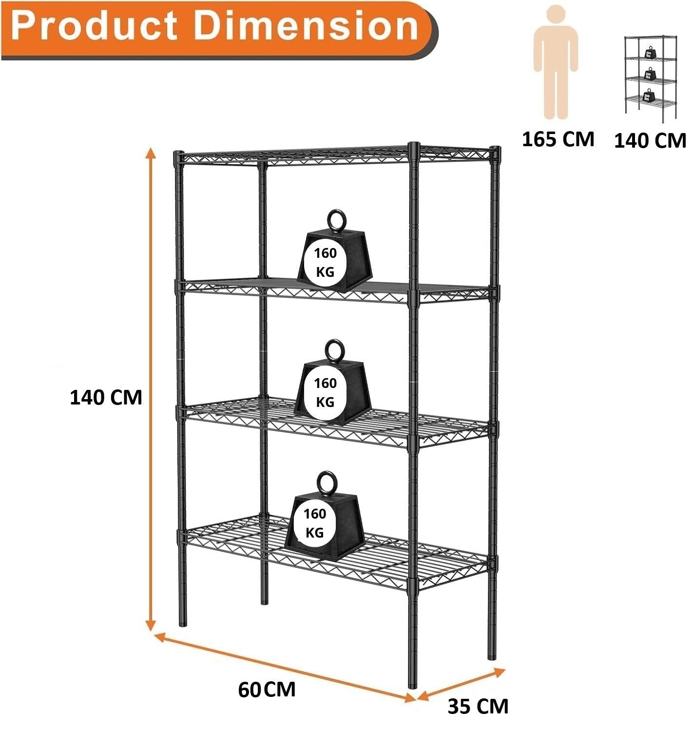 4 - Tier Adjustable Metal Storage Shelves Wire Rack Organizer for Kitchen, Pantry, Bathroom or Laundry Room (60cm W x 40cm D x 140cm H) - Home & Garden > Storage > Clothing & Wardrobe Storage - Rivercity House & Home Co. (ABN 18 642 972 209) - Affordable Modern Furniture Australia