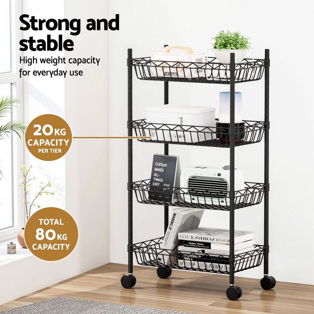 4 - Tier Adjustable Shelving Unit with Wheels for Garage & Kitchen Storage - Black - Furniture > Dining > Kitchen & Dining Trolleys - Rivercity House & Home Co. (ABN 18 642 972 209) - Affordable Modern Furniture Australia