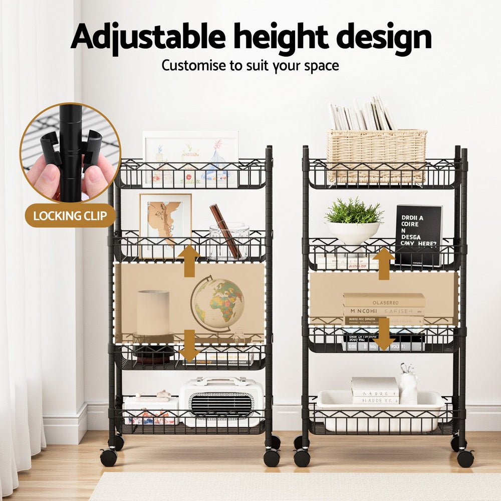 4 - Tier Adjustable Shelving Unit with Wheels for Garage & Kitchen Storage - Black - Furniture > Dining > Kitchen & Dining Trolleys - Rivercity House & Home Co. (ABN 18 642 972 209) - Affordable Modern Furniture Australia