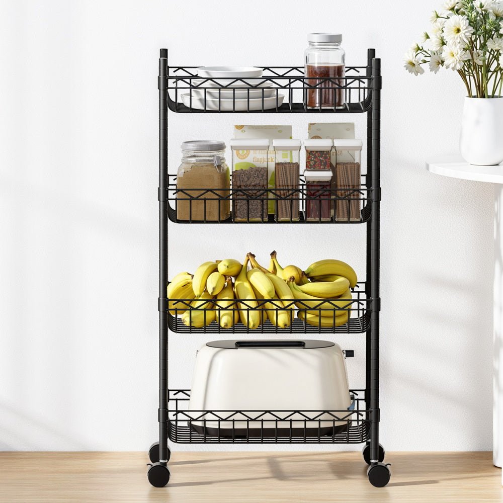 4 - Tier Adjustable Shelving Unit with Wheels for Garage & Kitchen Storage - Black - Furniture > Dining > Kitchen & Dining Trolleys - Rivercity House & Home Co. (ABN 18 642 972 209) - Affordable Modern Furniture Australia