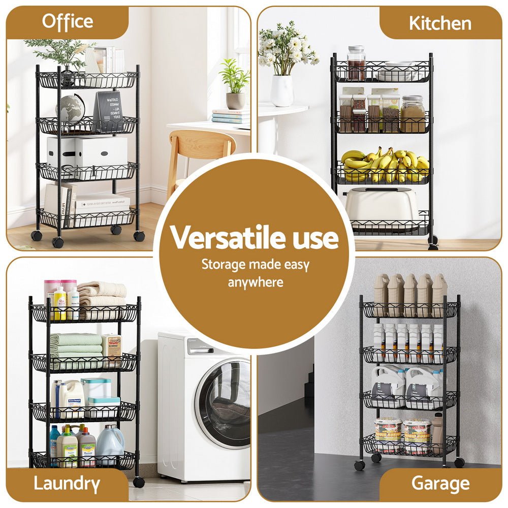 4 - Tier Adjustable Shelving Unit with Wheels for Garage & Kitchen Storage - Black - Furniture > Dining > Kitchen & Dining Trolleys - Rivercity House & Home Co. (ABN 18 642 972 209) - Affordable Modern Furniture Australia