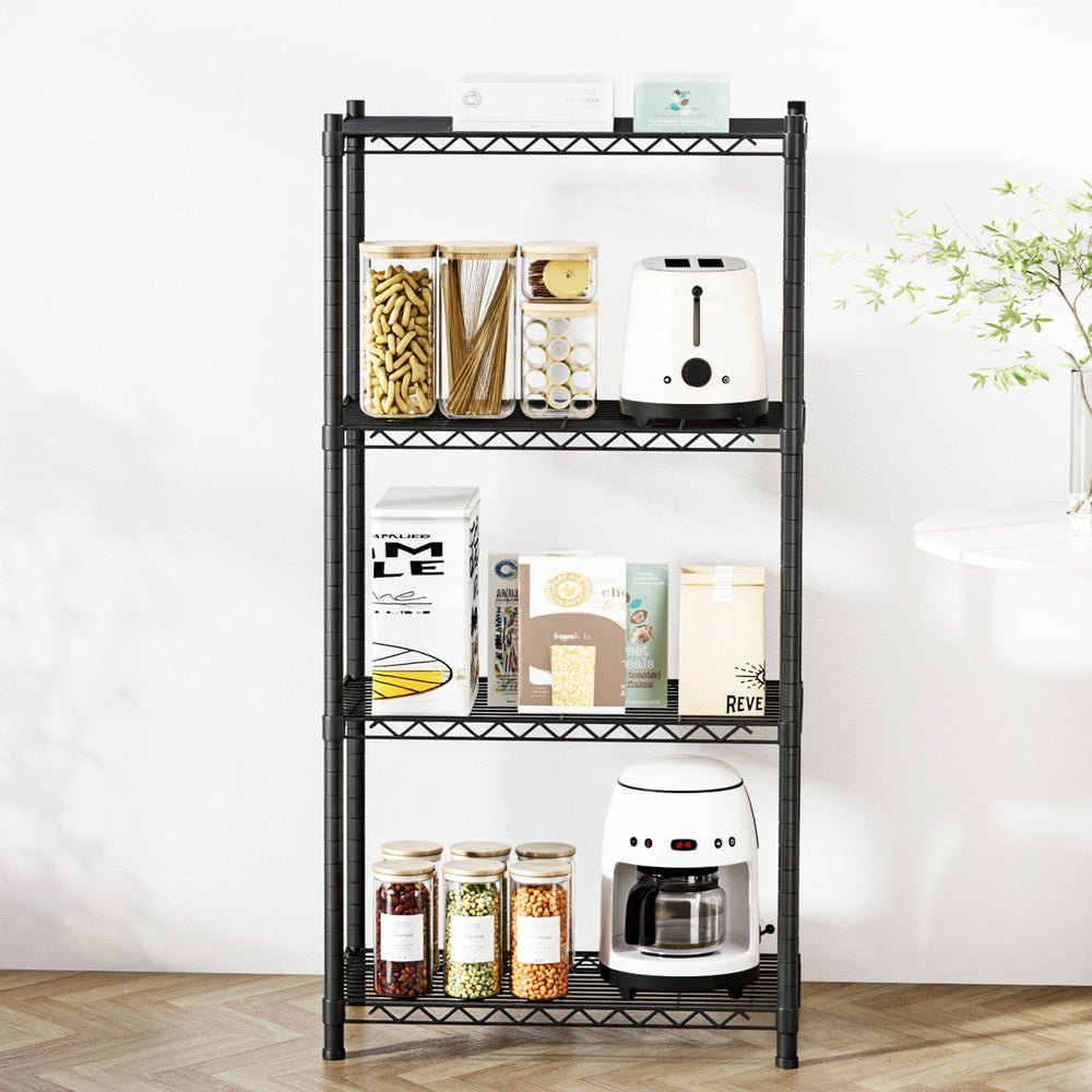 4 - Tier Adjustable Steel Shelving Unit Garage Kitchen Storage Rack - Black - Furniture > Dining > Kitchen & Dining Trolleys - Rivercity House & Home Co. (ABN 18 642 972 209) - Affordable Modern Furniture Australia