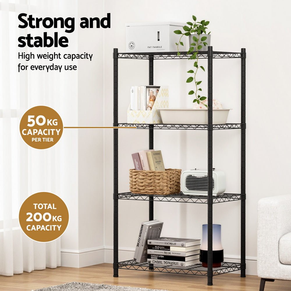 4 - Tier Adjustable Steel Shelving Unit Garage Kitchen Storage Rack - Black - Furniture > Dining > Kitchen & Dining Trolleys - Rivercity House & Home Co. (ABN 18 642 972 209) - Affordable Modern Furniture Australia