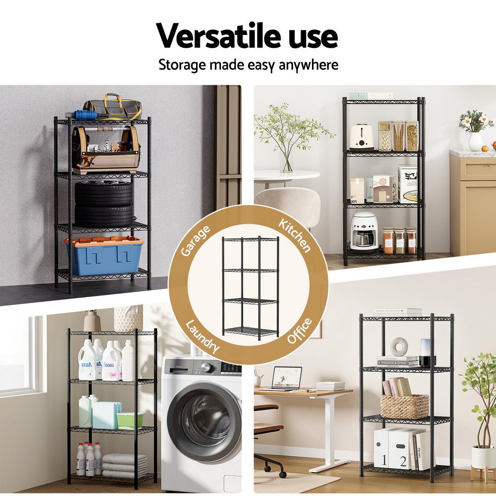 4 - Tier Adjustable Steel Shelving Unit Garage Kitchen Storage Rack - Black - Furniture > Dining > Kitchen & Dining Trolleys - Rivercity House & Home Co. (ABN 18 642 972 209) - Affordable Modern Furniture Australia