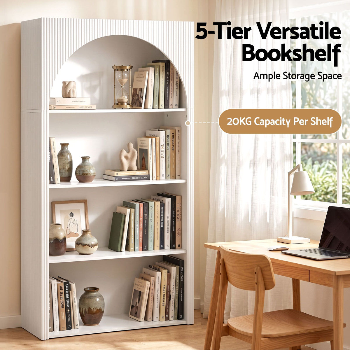 4 Tier Arched Fluted Bookshelf Storage Display Cabinet Unit - White - Furniture > Living Room > Bookcases & Shelves - Rivercity House & Home Co. (ABN 18 642 972 209) - Affordable Modern Furniture Australia