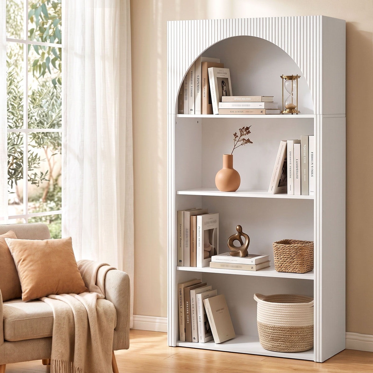 4 Tier Arched Fluted Bookshelf Storage Display Cabinet Unit - White - Furniture > Living Room > Bookcases & Shelves - Rivercity House & Home Co. (ABN 18 642 972 209) - Affordable Modern Furniture Australia