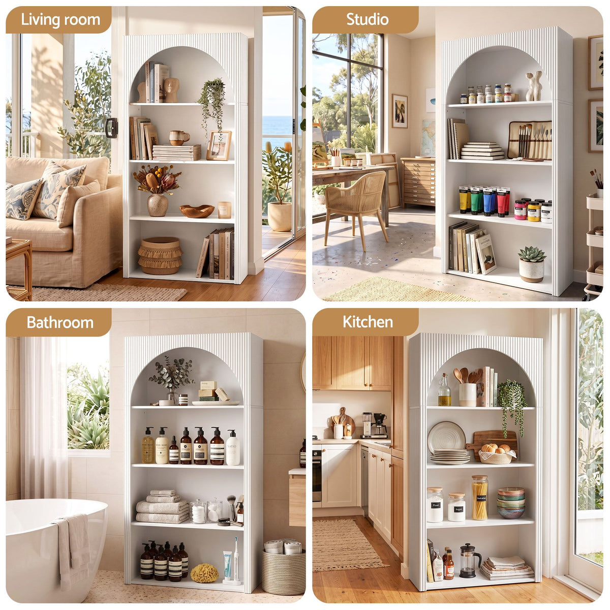 4 Tier Arched Fluted Bookshelf Storage Display Cabinet Unit - White - Furniture > Living Room > Bookcases & Shelves - Rivercity House & Home Co. (ABN 18 642 972 209) - Affordable Modern Furniture Australia