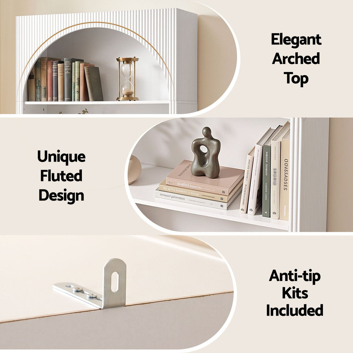4 Tier Arched Fluted Bookshelf Storage Display Cabinet Unit - White - Furniture > Living Room > Bookcases & Shelves - Rivercity House & Home Co. (ABN 18 642 972 209) - Affordable Modern Furniture Australia