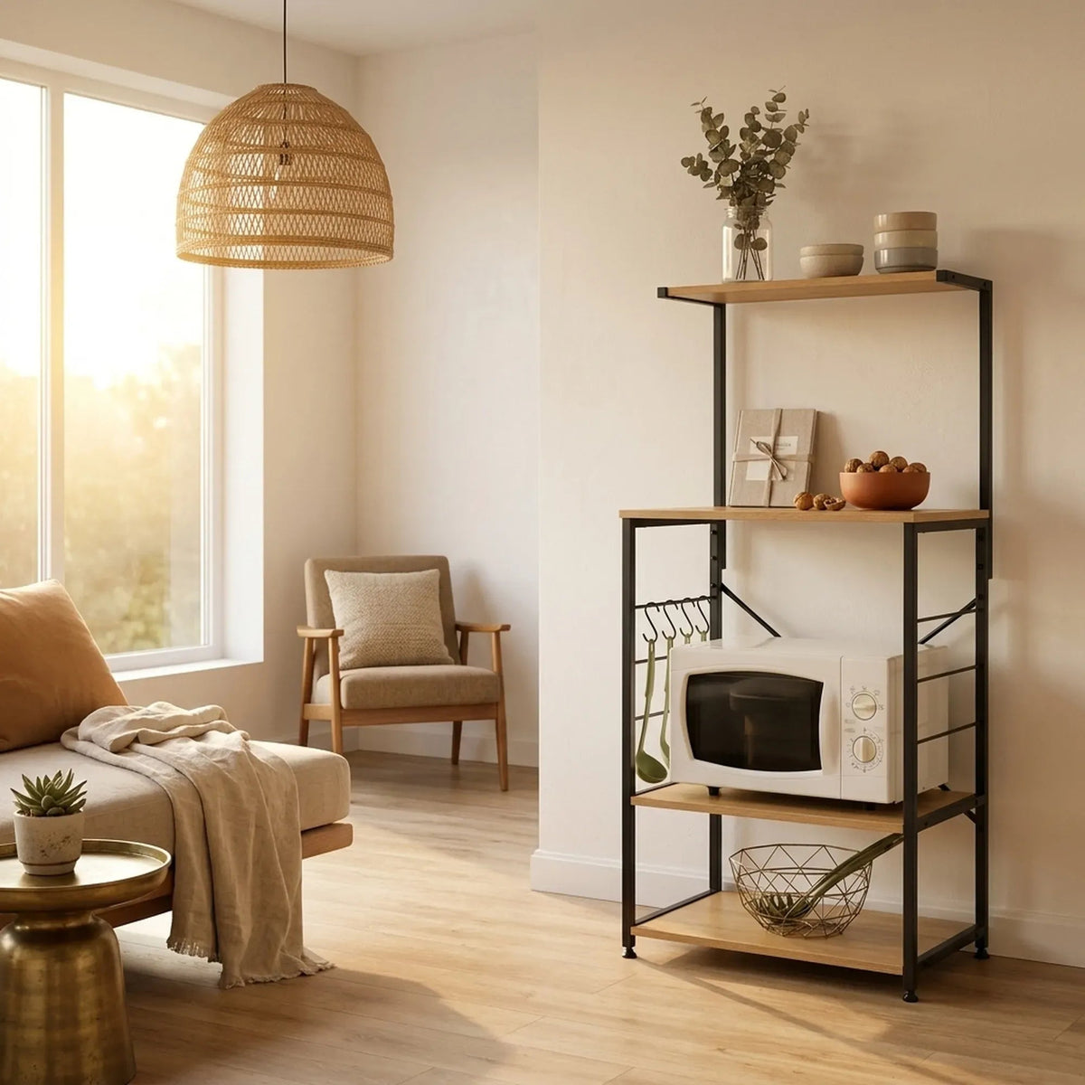 4 Tier Bakers Rack Microwave Stand with Hooks Oak Finish - Brown - Furniture > Dining > Kitchen & Dining Trolleys - Rivercity House & Home Co. (ABN 18 642 972 209) - Affordable Modern Furniture Australia