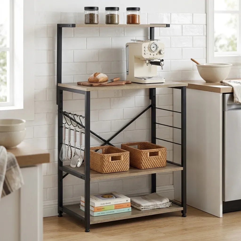 4 Tier Bakers Rack Microwave Stand with Hooks Oak Finish - Brown - Furniture > Dining > Kitchen & Dining Trolleys - Rivercity House & Home Co. (ABN 18 642 972 209) - Affordable Modern Furniture Australia