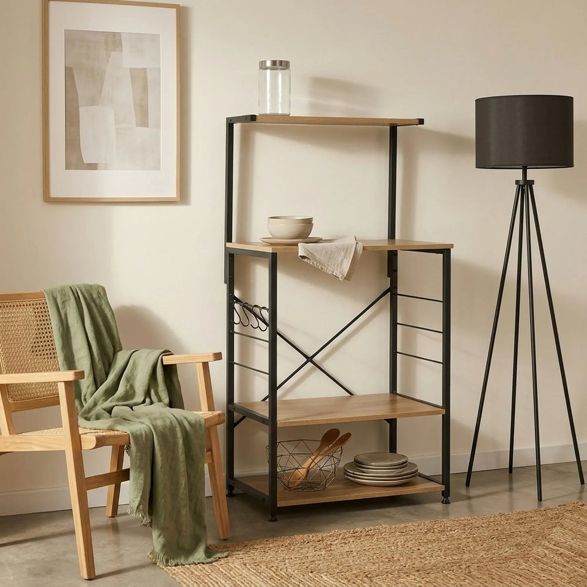 4 Tier Bakers Rack Microwave Stand with Hooks Oak Finish - Brown - Furniture > Dining > Kitchen & Dining Trolleys - Rivercity House & Home Co. (ABN 18 642 972 209) - Affordable Modern Furniture Australia