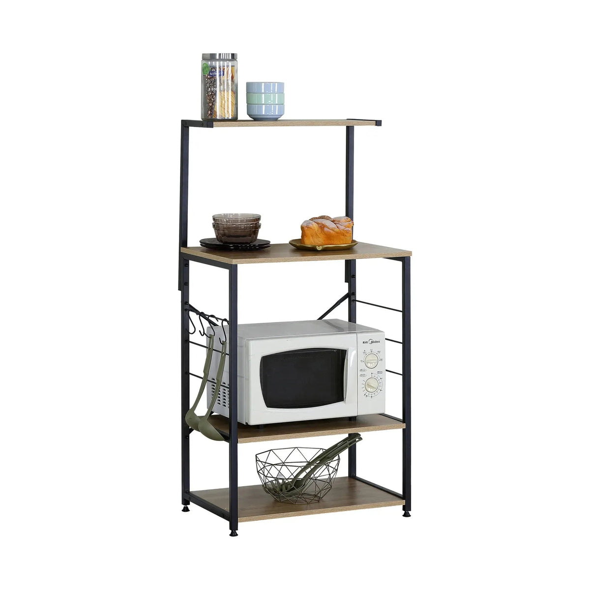 4 Tier Bakers Rack Microwave Stand with Hooks Oak Finish - Brown - Furniture > Dining > Kitchen & Dining Trolleys - Rivercity House & Home Co. (ABN 18 642 972 209) - Affordable Modern Furniture Australia