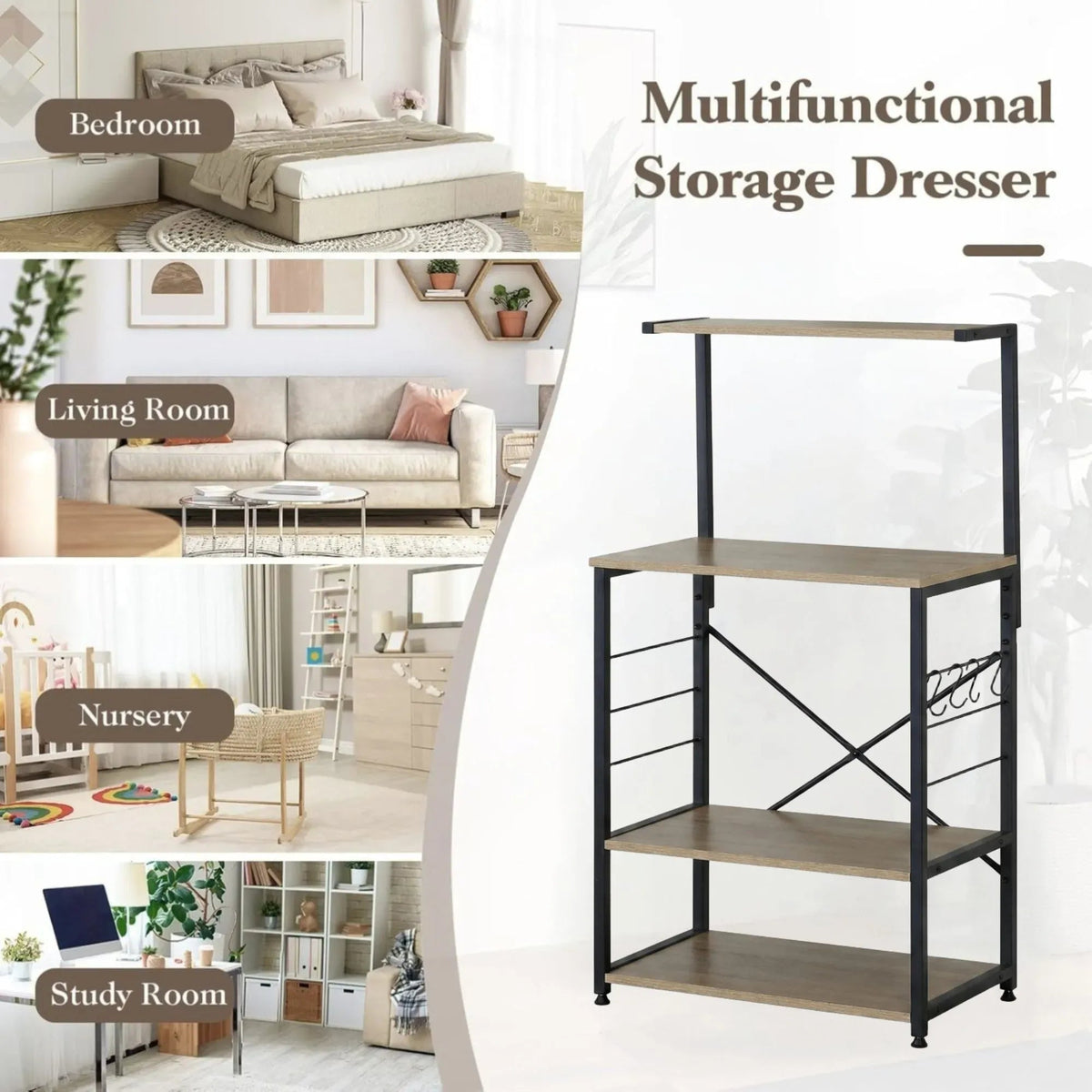4 Tier Bakers Rack Microwave Stand with Hooks Oak Finish - Brown - Furniture > Dining > Kitchen & Dining Trolleys - Rivercity House & Home Co. (ABN 18 642 972 209) - Affordable Modern Furniture Australia