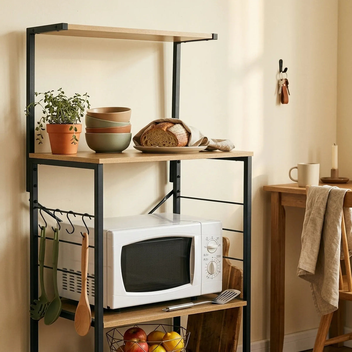 4 Tier Bakers Rack Microwave Stand with Hooks Oak Finish - Brown - Furniture > Dining > Kitchen & Dining Trolleys - Rivercity House & Home Co. (ABN 18 642 972 209) - Affordable Modern Furniture Australia