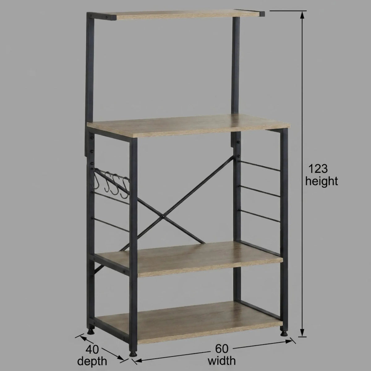 4 Tier Bakers Rack Microwave Stand with Hooks Oak Finish - Brown - Furniture > Dining > Kitchen & Dining Trolleys - Rivercity House & Home Co. (ABN 18 642 972 209) - Affordable Modern Furniture Australia