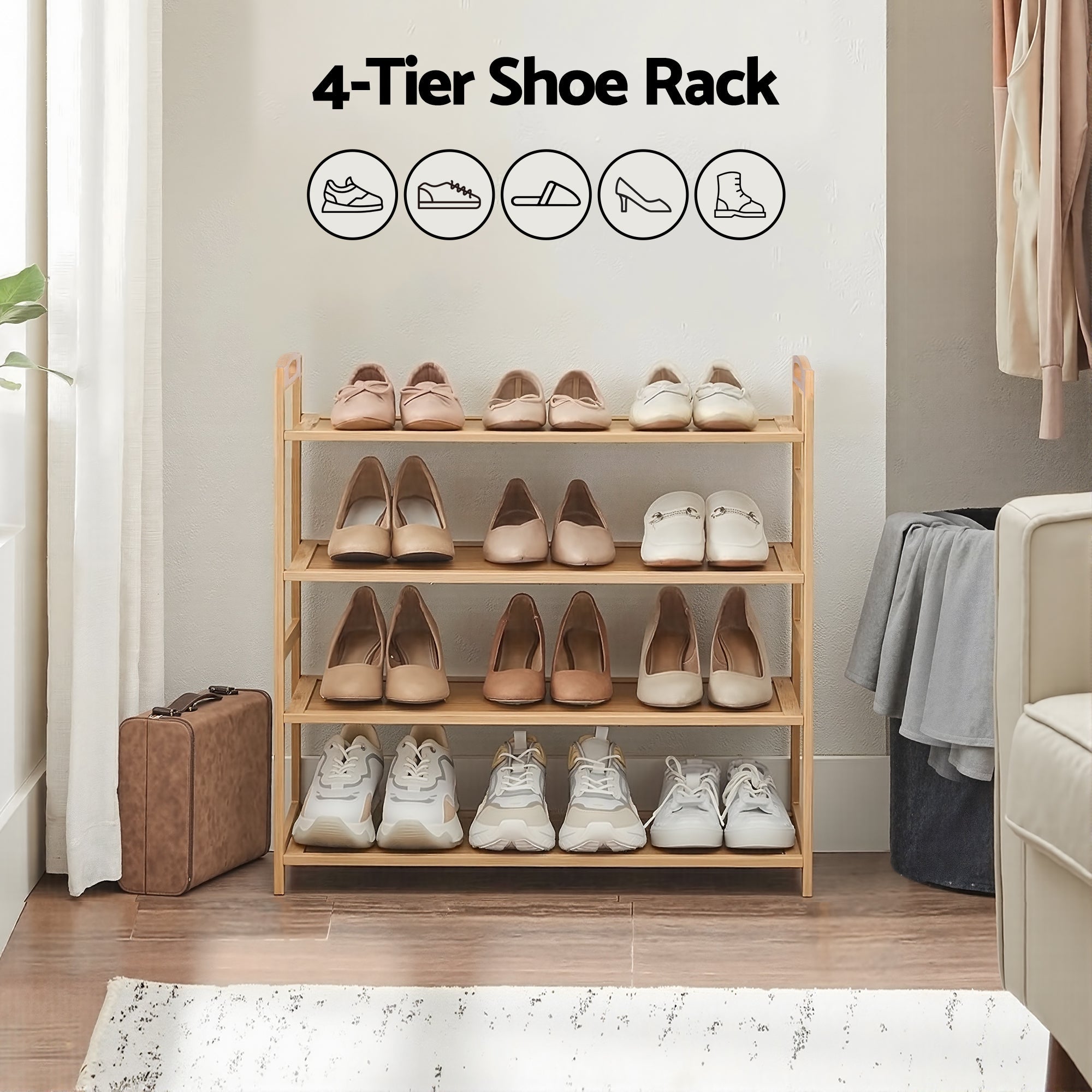 4 Tier Bamboo Shoe Rack Storage Organiser - Pine - Furniture > Living Room > Shoe Storage - Rivercity House & Home Co. (ABN 18 642 972 209) - Affordable Modern Furniture Australia