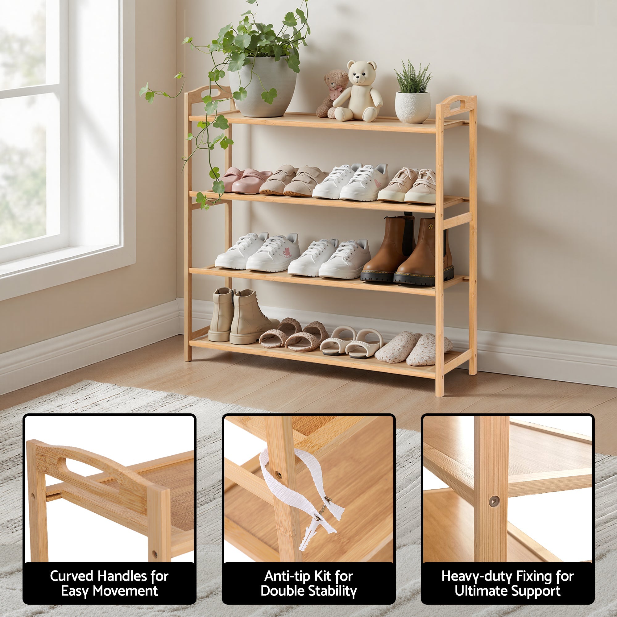 4 Tier Bamboo Shoe Rack Storage Organiser - Pine - Furniture > Living Room > Shoe Storage - Rivercity House & Home Co. (ABN 18 642 972 209) - Affordable Modern Furniture Australia