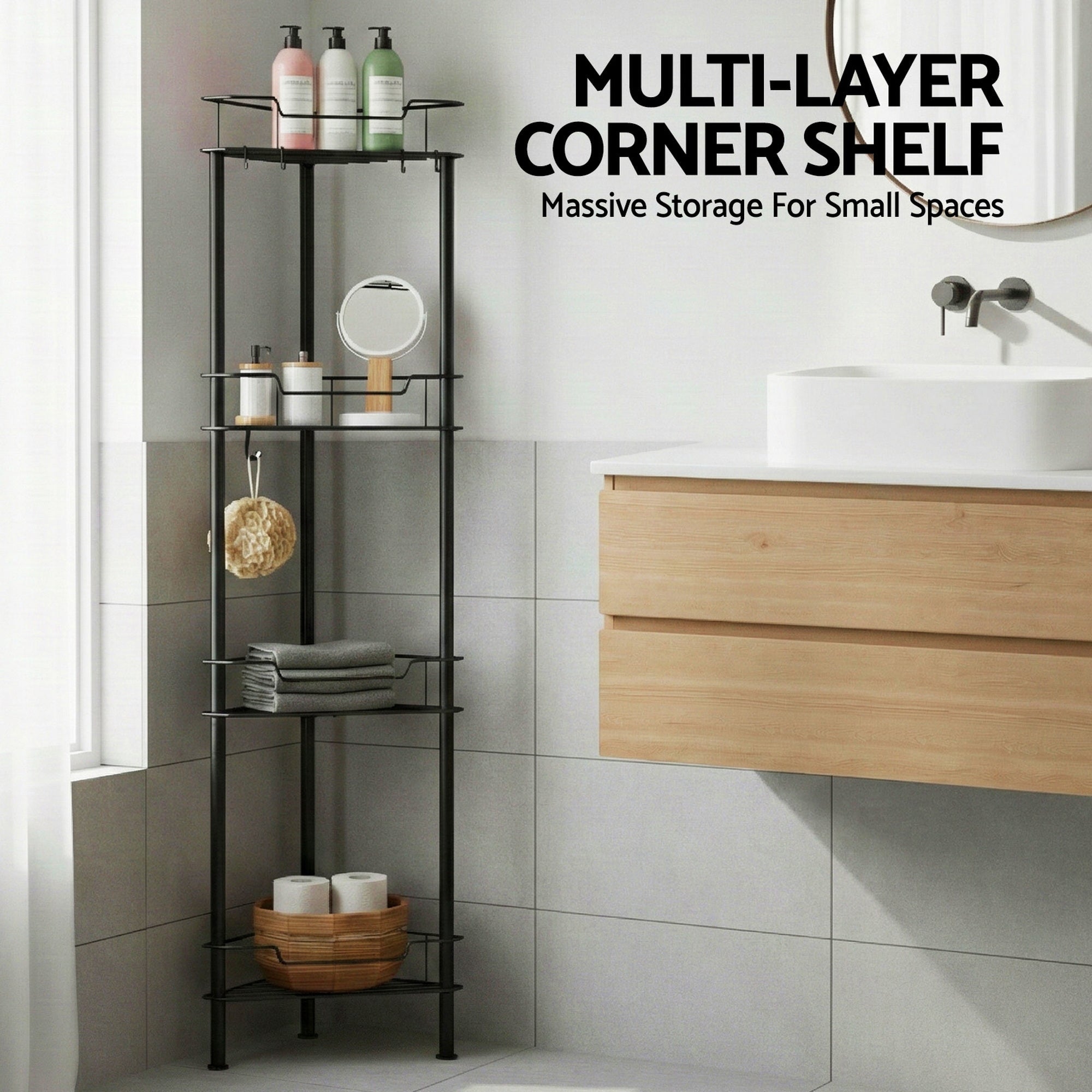 4 Tier Floor Standing Corner Shower Caddy Bathroom Organizer Black - Furniture > Bathroom > Bathroom Cabinets, Cupboards & Storage - Rivercity House & Home Co. (ABN 18 642 972 209) - Affordable Modern Furniture Australia