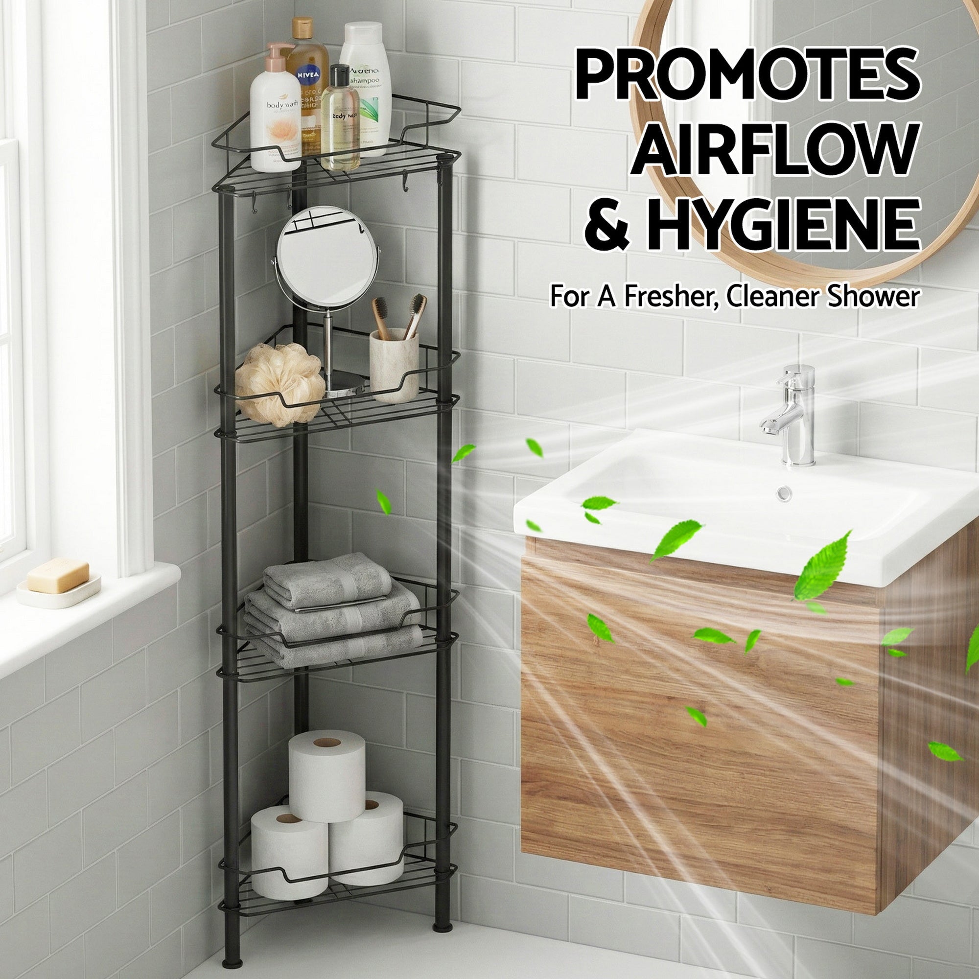 4 Tier Floor Standing Corner Shower Caddy Bathroom Organizer Black - Furniture > Bathroom > Bathroom Cabinets, Cupboards & Storage - Rivercity House & Home Co. (ABN 18 642 972 209) - Affordable Modern Furniture Australia