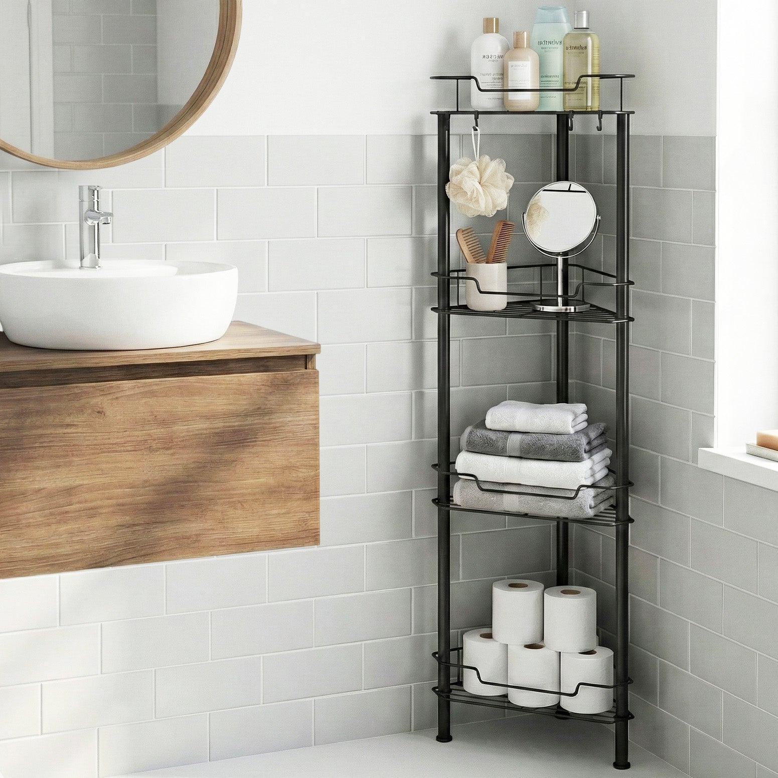 4 Tier Floor Standing Corner Shower Caddy Bathroom Organizer Black - Furniture > Bathroom > Bathroom Cabinets, Cupboards & Storage - Rivercity House & Home Co. (ABN 18 642 972 209) - Affordable Modern Furniture Australia