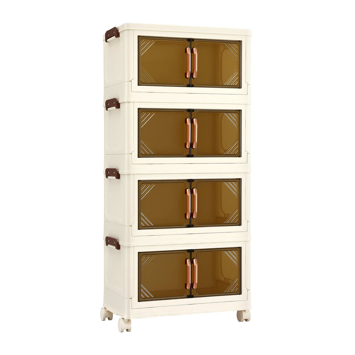 4-Tier Foldable Stackable Storage Cabinet with Clear Magnetic Doors and Lockable Wheels - White - Home & Garden > Storage > Storage Boxes - Rivercity House & Home Co. (ABN 18 642 972 209) - Affordable Modern Furniture Australia