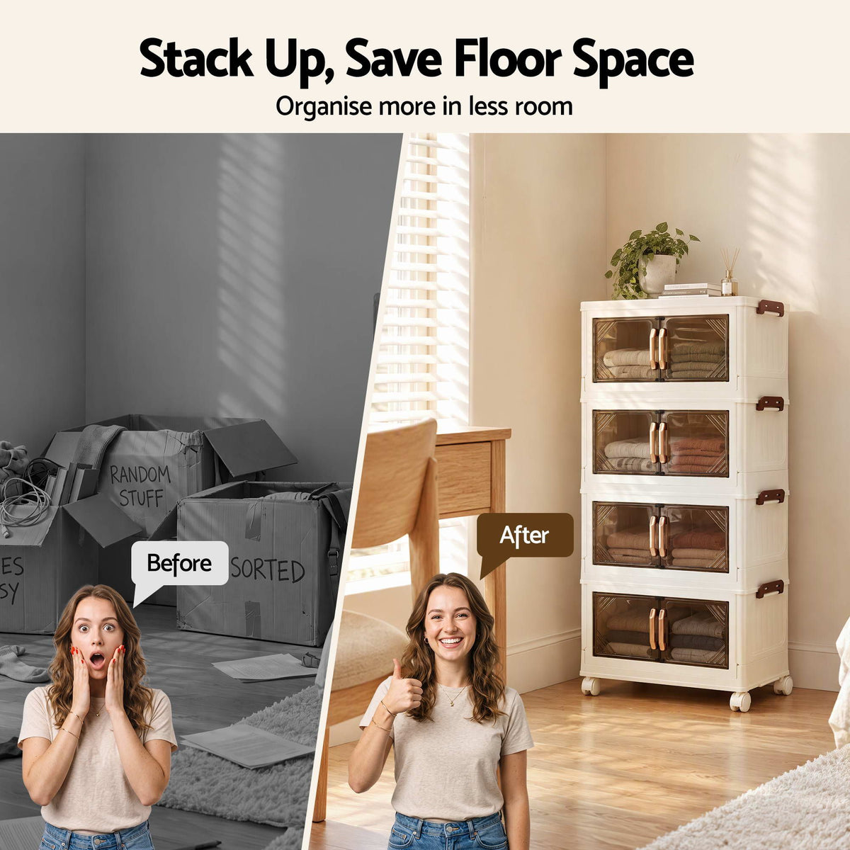4-Tier Foldable Stackable Storage Cabinet with Clear Magnetic Doors and Lockable Wheels - White - Home & Garden > Storage > Storage Boxes - Rivercity House & Home Co. (ABN 18 642 972 209) - Affordable Modern Furniture Australia