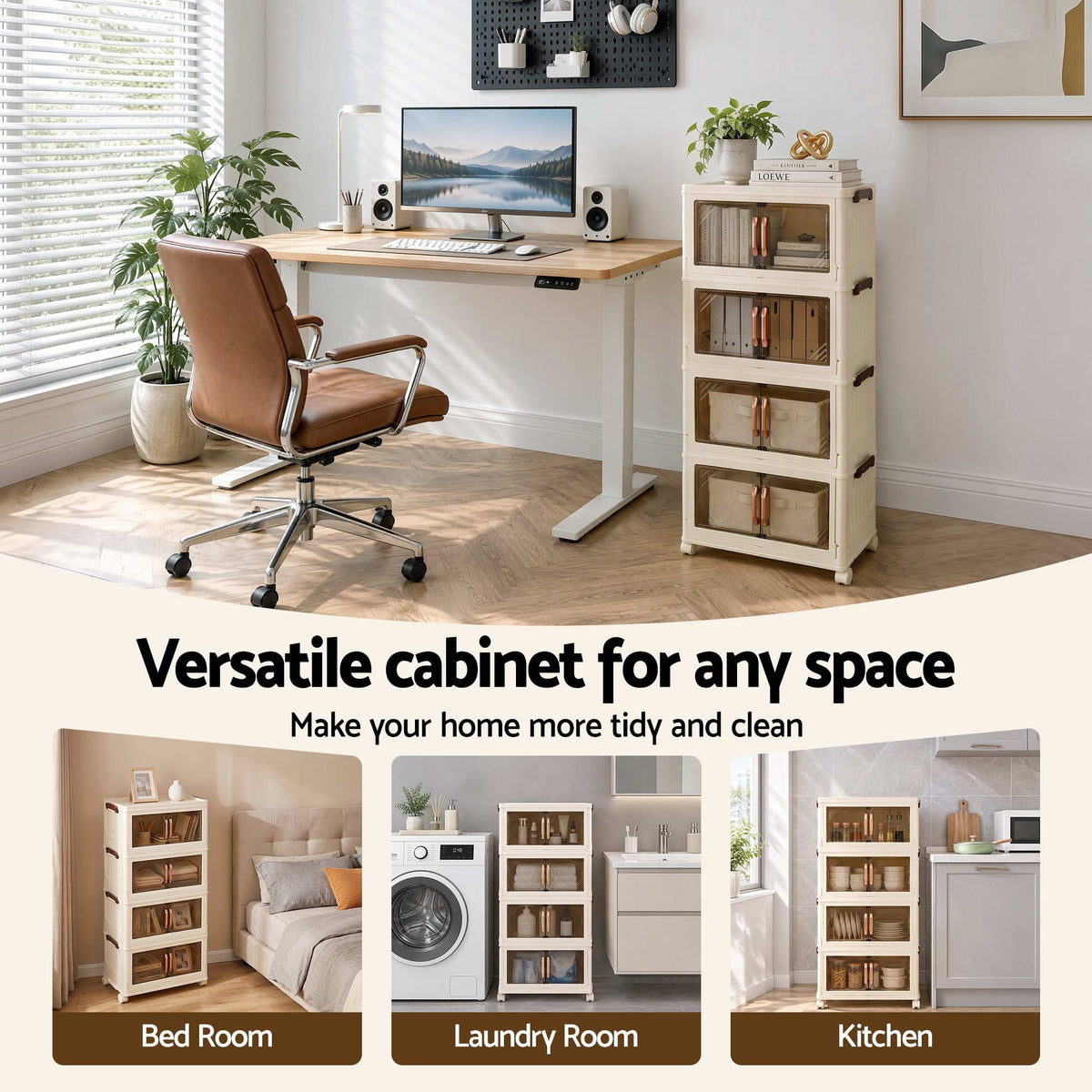 4-Tier Foldable Stackable Storage Cabinet with Clear Magnetic Doors and Lockable Wheels - White - Home & Garden > Storage > Storage Boxes - Rivercity House & Home Co. (ABN 18 642 972 209) - Affordable Modern Furniture Australia