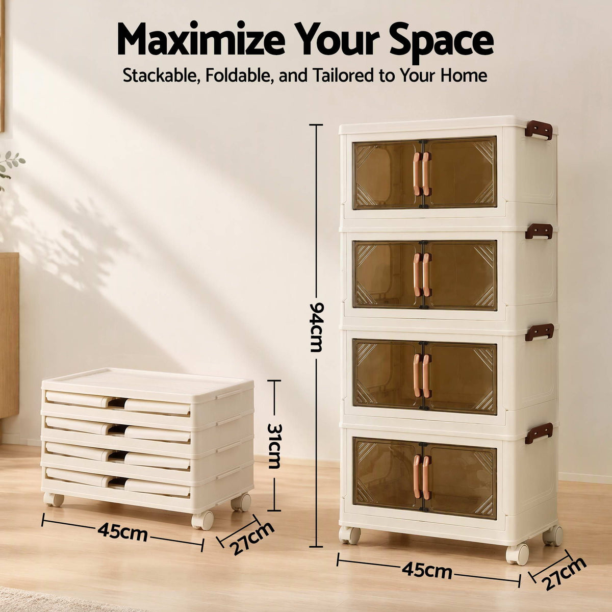 4-Tier Foldable Stackable Storage Cabinet with Clear Magnetic Doors and Lockable Wheels - White - Home & Garden > Storage > Storage Boxes - Rivercity House & Home Co. (ABN 18 642 972 209) - Affordable Modern Furniture Australia