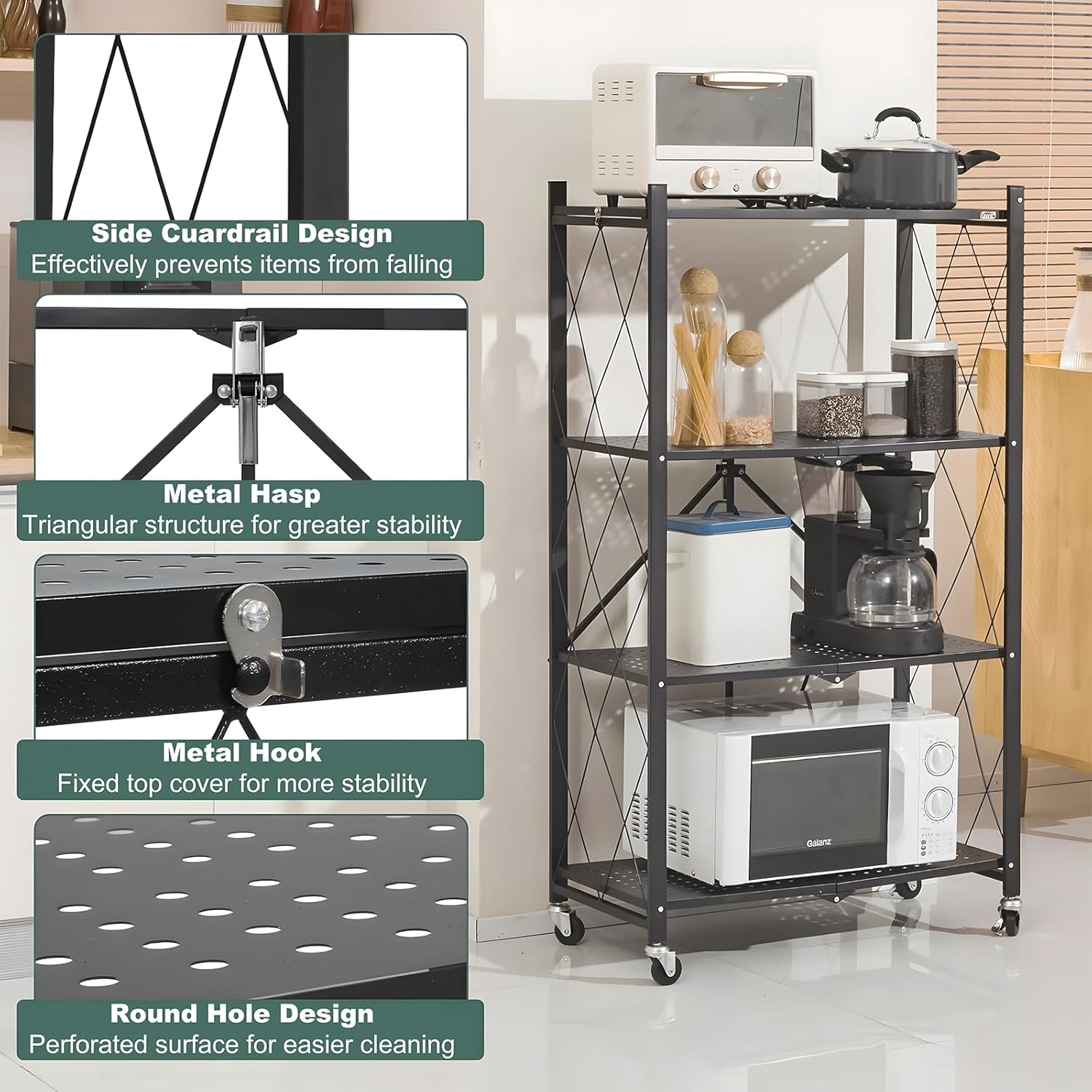 4 - Tier Foldable Storage Shelf with Wheels for Kitchen, Garage, Pantry or Basement (Black) - Furniture > Dining > Kitchen & Dining Trolleys - Rivercity House & Home Co. (ABN 18 642 972 209) - Affordable Modern Furniture Australia