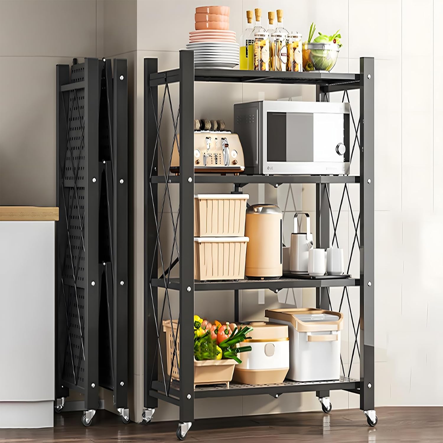4 - Tier Foldable Storage Shelf with Wheels for Kitchen, Garage, Pantry or Basement (Black) - Furniture > Dining > Kitchen & Dining Trolleys - Rivercity House & Home Co. (ABN 18 642 972 209) - Affordable Modern Furniture Australia