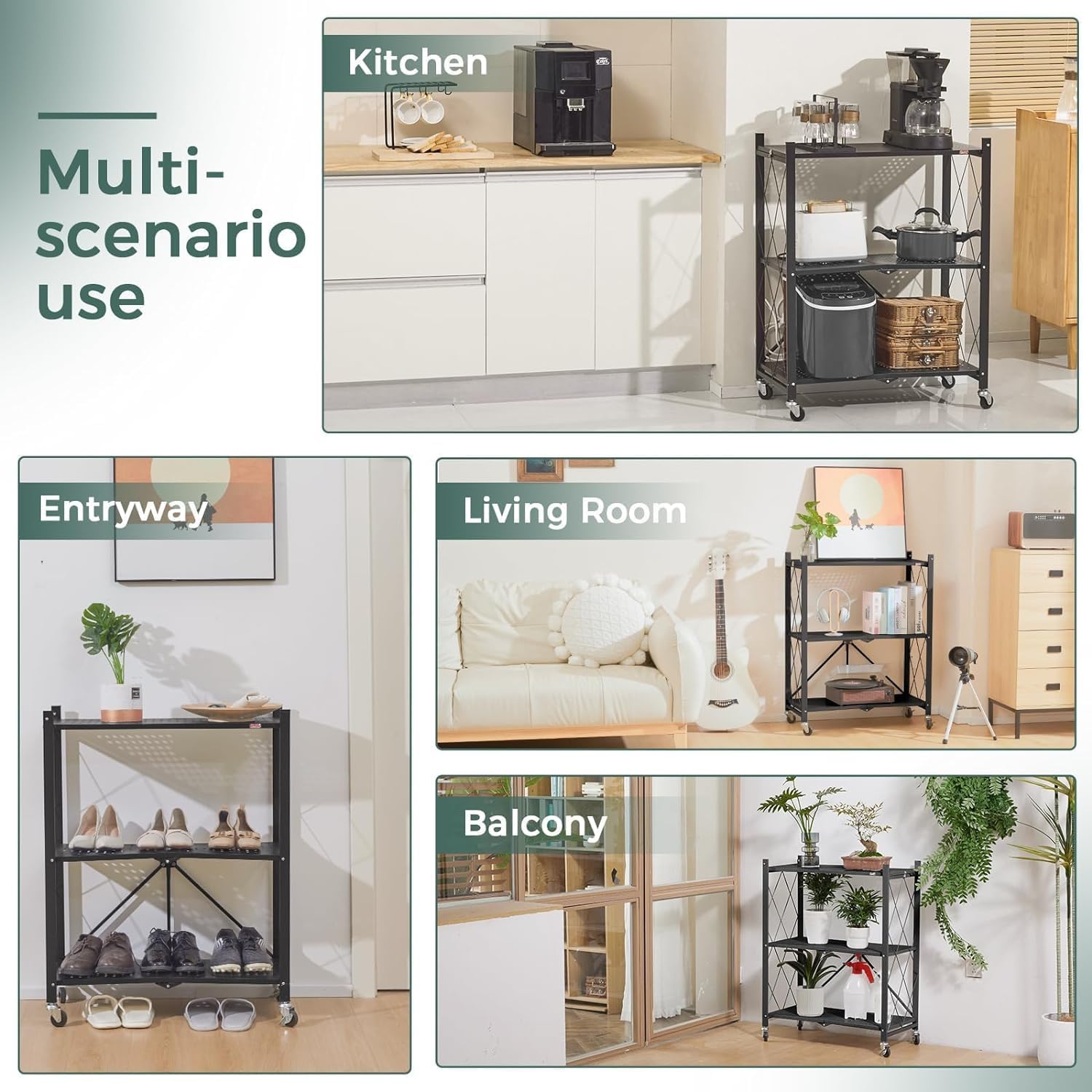 4 - Tier Foldable Storage Shelf with Wheels for Kitchen, Garage, Pantry or Basement (Black) - Furniture > Dining > Kitchen & Dining Trolleys - Rivercity House & Home Co. (ABN 18 642 972 209) - Affordable Modern Furniture Australia