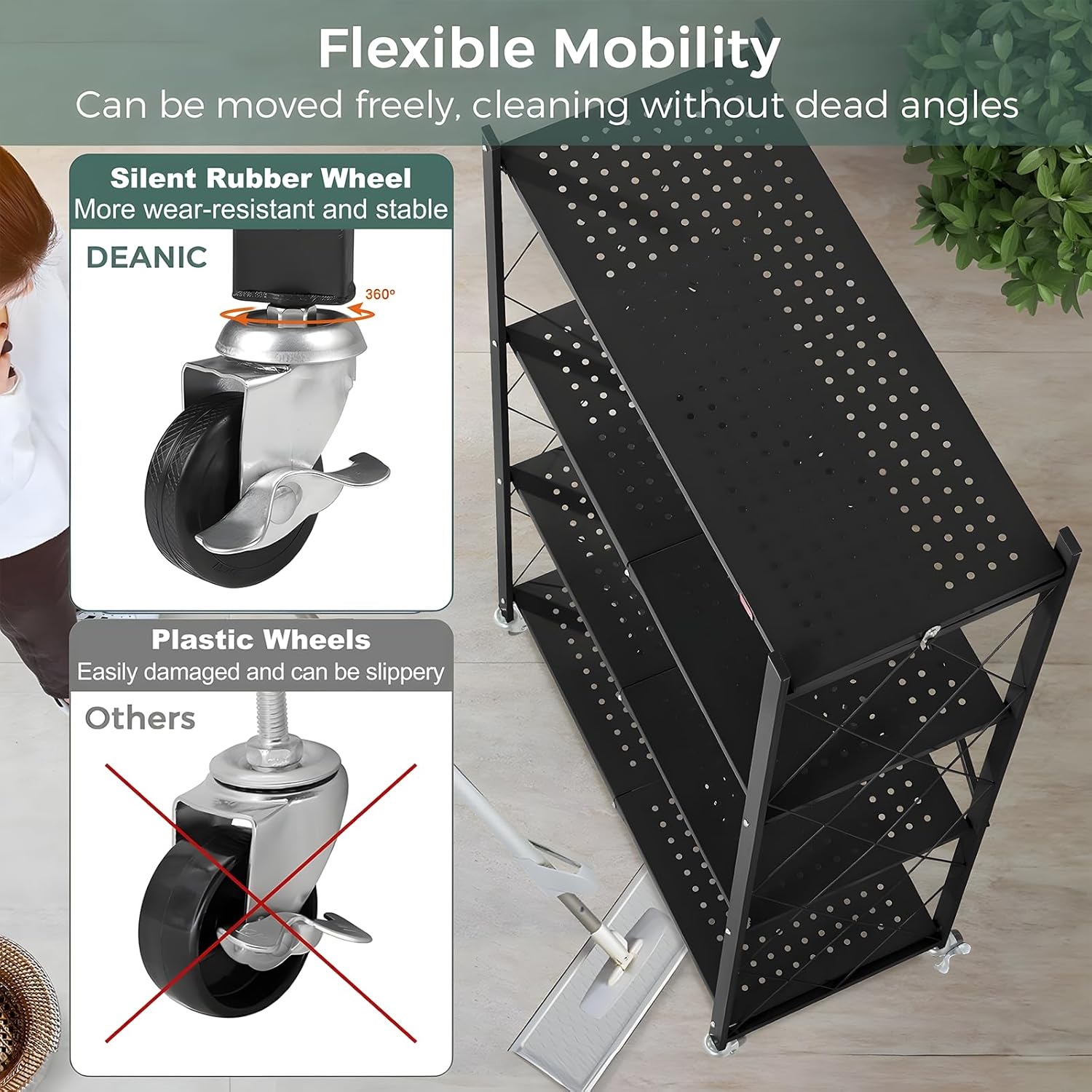 4 - Tier Foldable Storage Shelf with Wheels for Kitchen, Garage, Pantry or Basement (Black) - Furniture > Dining > Kitchen & Dining Trolleys - Rivercity House & Home Co. (ABN 18 642 972 209) - Affordable Modern Furniture Australia