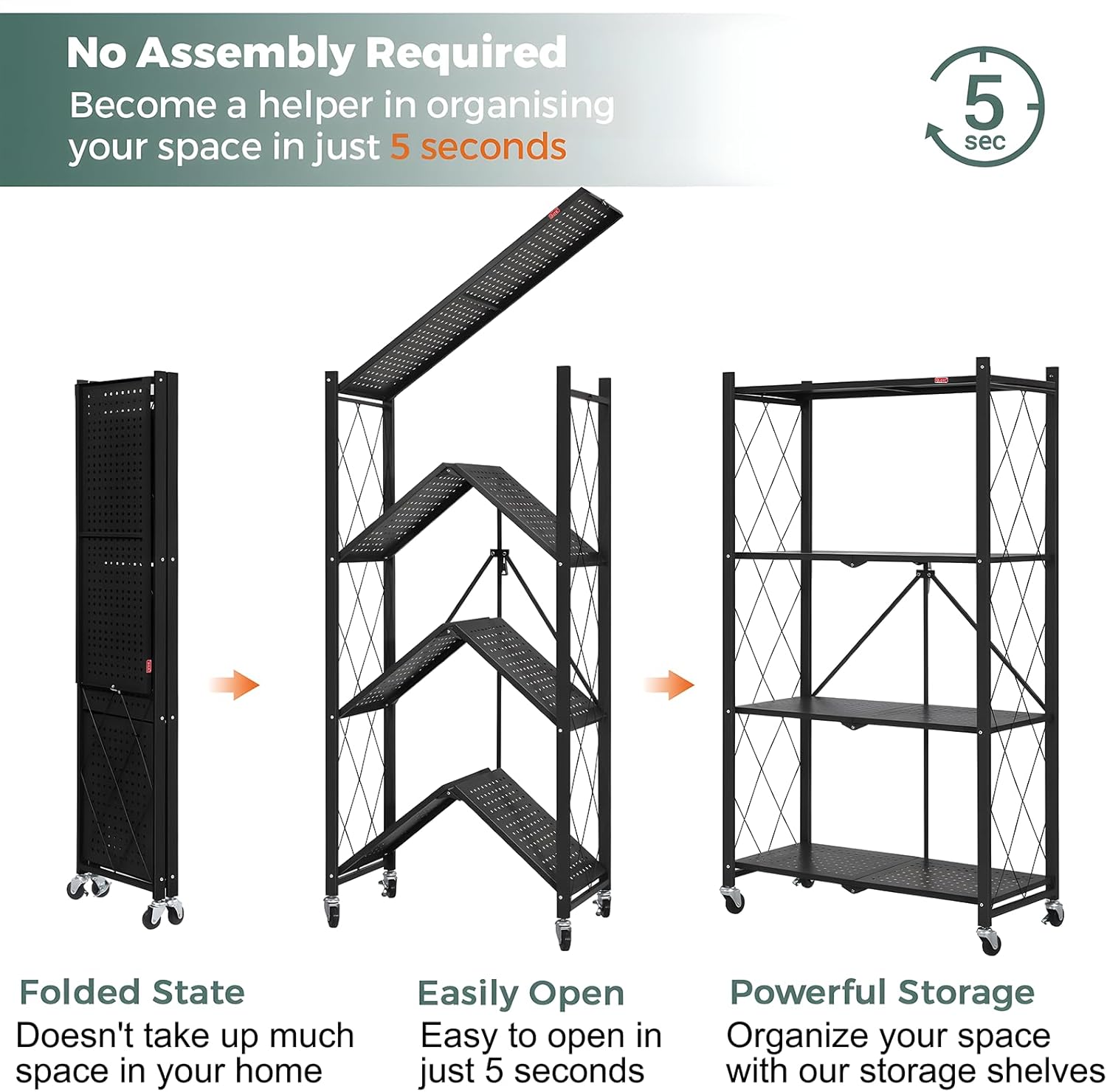 4 - Tier Foldable Storage Shelf with Wheels for Kitchen, Garage, Pantry or Basement (Black) - Furniture > Dining > Kitchen & Dining Trolleys - Rivercity House & Home Co. (ABN 18 642 972 209) - Affordable Modern Furniture Australia