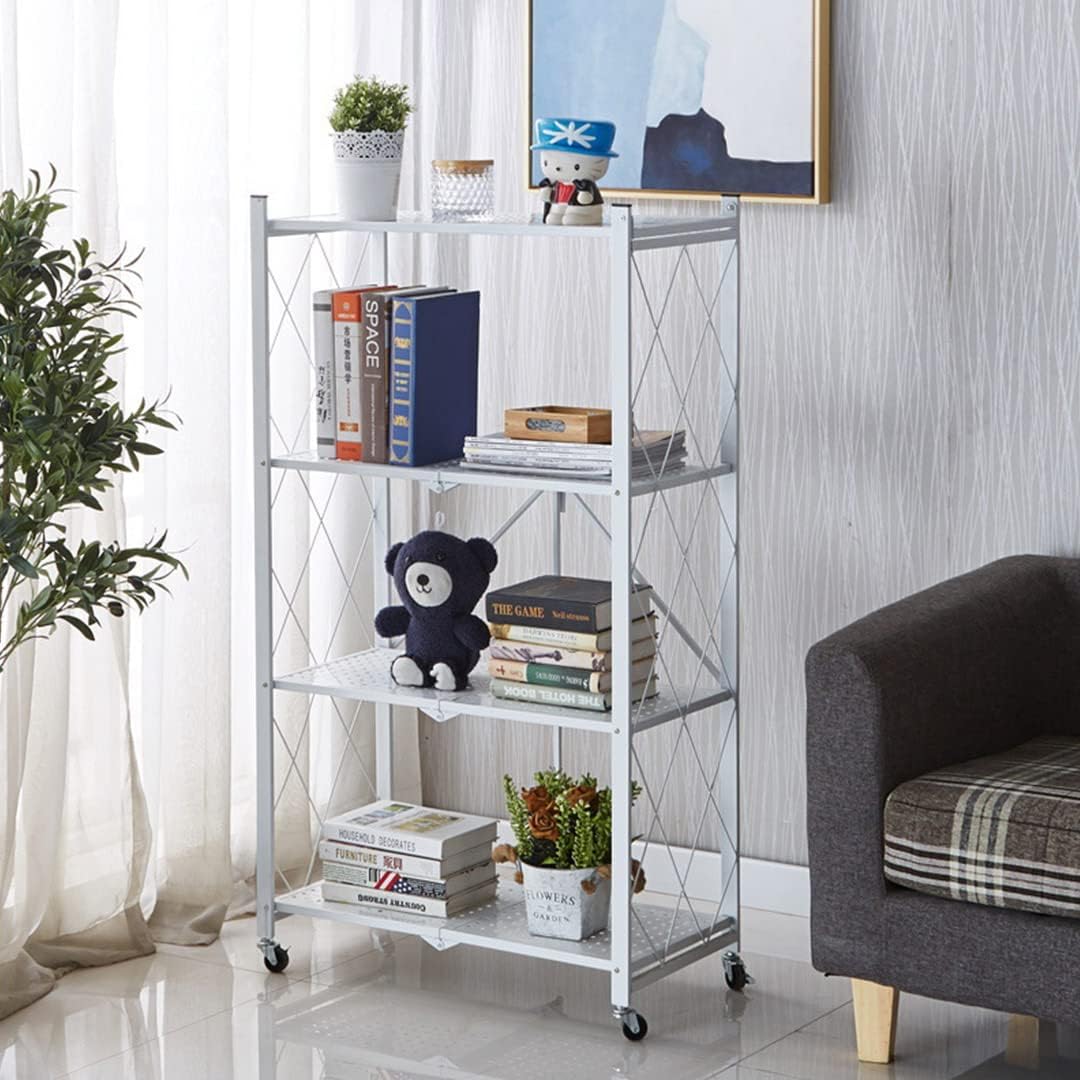 4 - Tier Foldable Storage Shelf with Wheels for Kitchen, Garage, Pantry or Basement (White) - Furniture > Dining > Kitchen & Dining Trolleys - Rivercity House & Home Co. (ABN 18 642 972 209) - Affordable Modern Furniture Australia