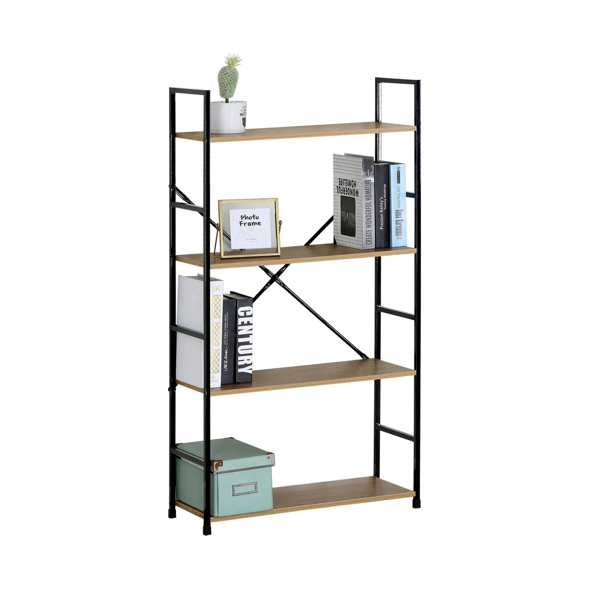 4 Tier Industrial Steel and MDF Bookshelf with Rustic Finish - Brown - Furniture > Living Room > Bookcases & Shelves - Rivercity House & Home Co. (ABN 18 642 972 209) - Affordable Modern Furniture Australia