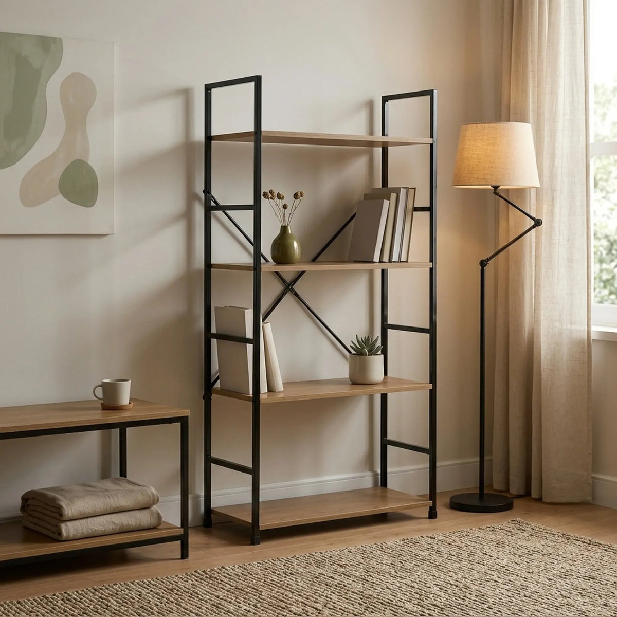 4 Tier Industrial Steel and MDF Bookshelf with Rustic Finish - Brown - Furniture > Living Room > Bookcases & Shelves - Rivercity House & Home Co. (ABN 18 642 972 209) - Affordable Modern Furniture Australia