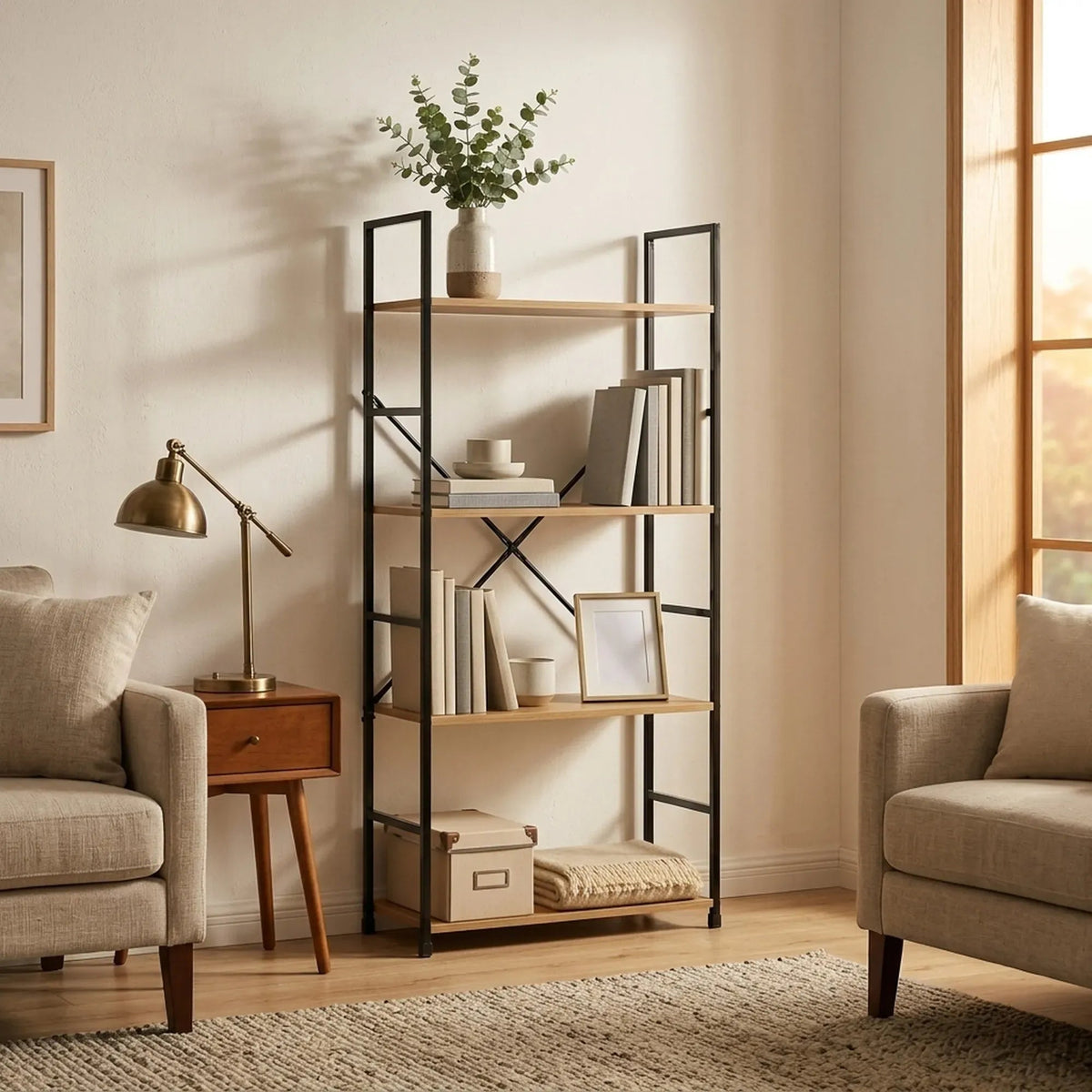 4 Tier Industrial Steel and MDF Bookshelf with Rustic Finish - Brown - Furniture > Living Room > Bookcases & Shelves - Rivercity House & Home Co. (ABN 18 642 972 209) - Affordable Modern Furniture Australia