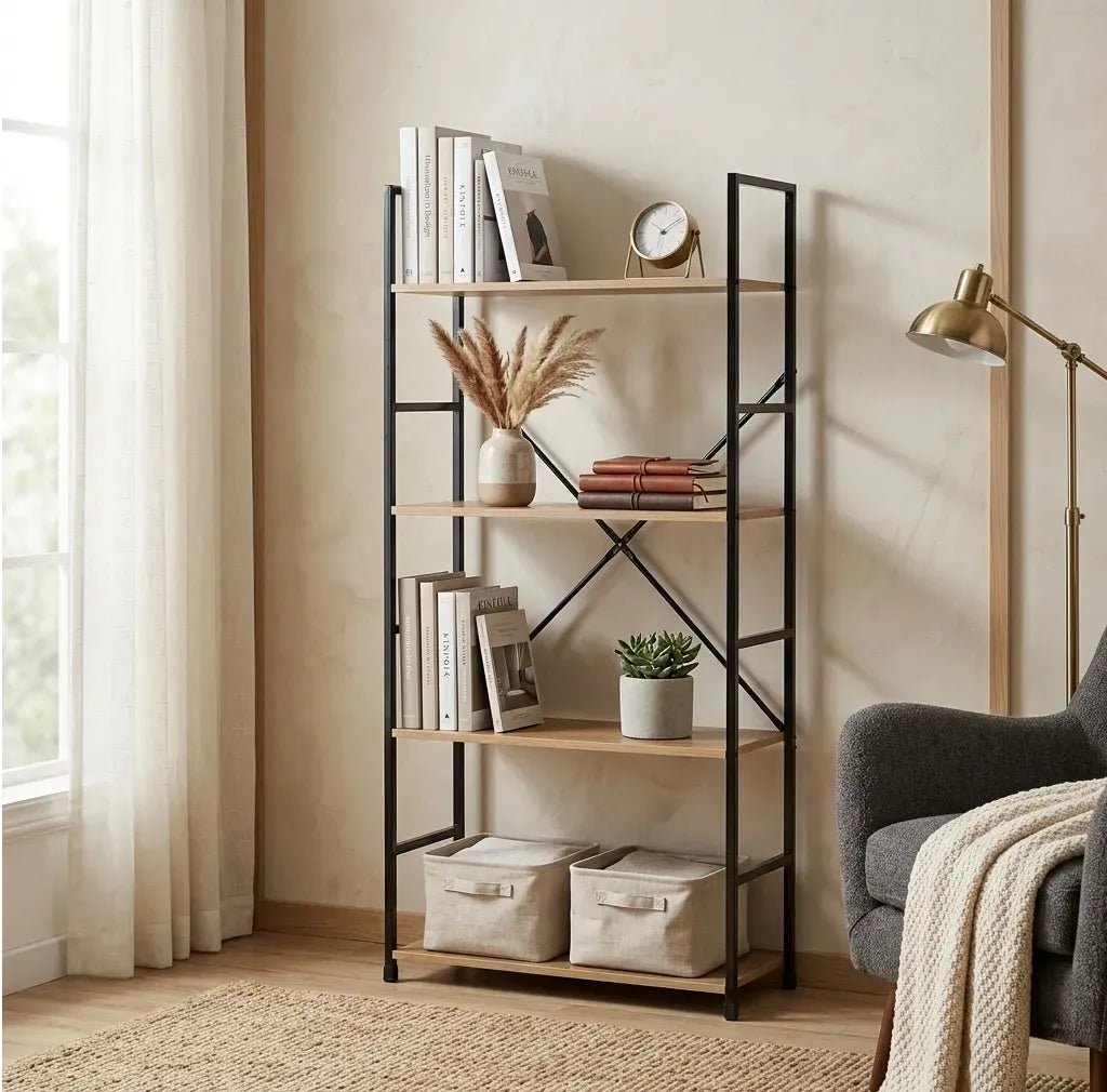 4 Tier Industrial Steel and MDF Bookshelf with Rustic Finish - Brown - Furniture > Living Room > Bookcases & Shelves - Rivercity House & Home Co. (ABN 18 642 972 209) - Affordable Modern Furniture Australia