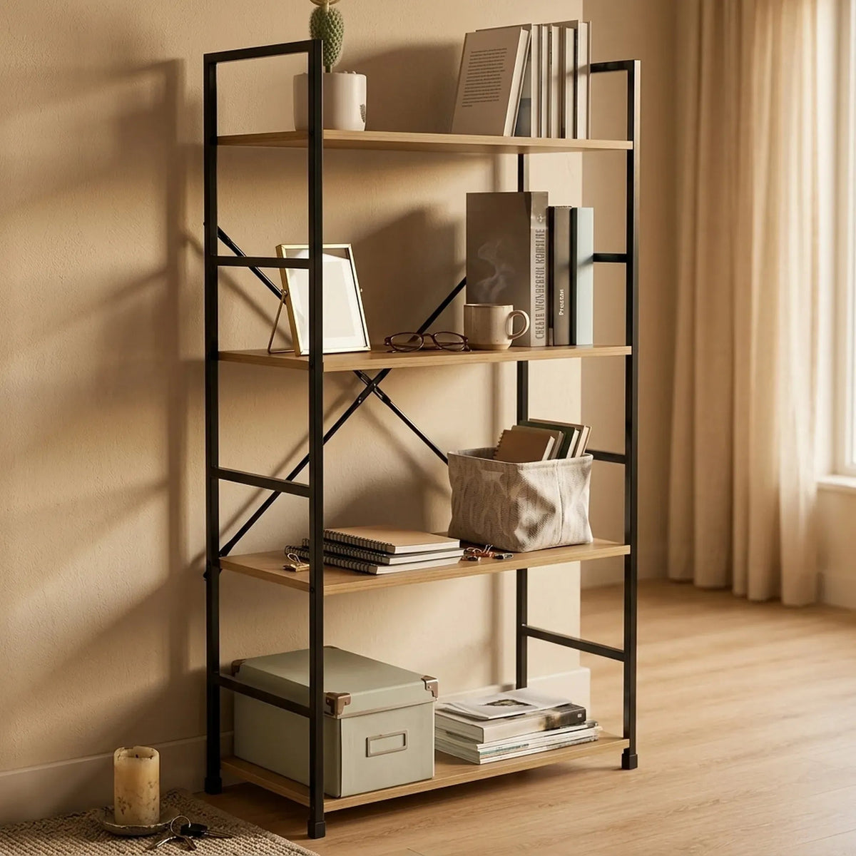 4 Tier Industrial Steel and MDF Bookshelf with Rustic Finish - Brown - Furniture > Living Room > Bookcases & Shelves - Rivercity House & Home Co. (ABN 18 642 972 209) - Affordable Modern Furniture Australia