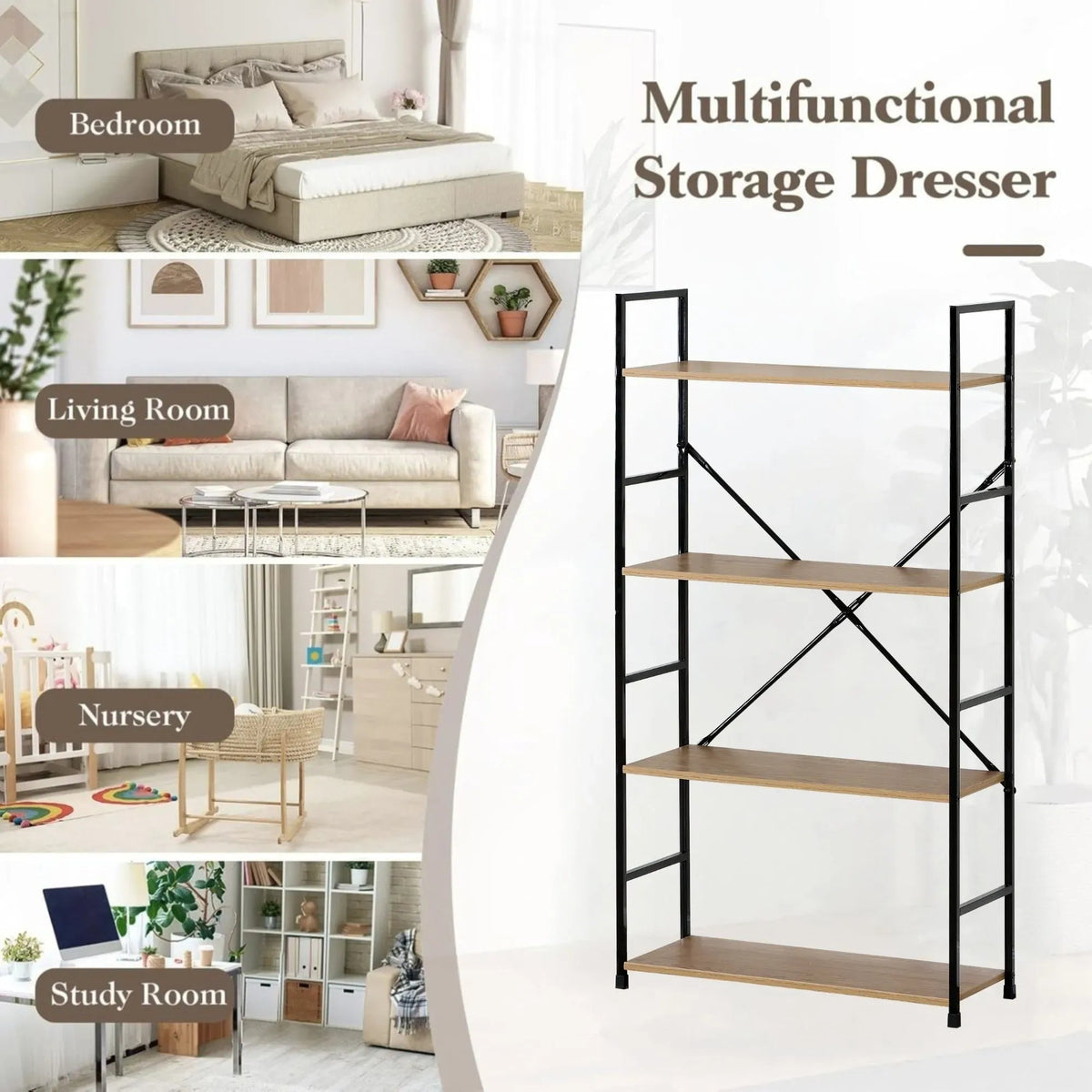 4 Tier Industrial Steel and MDF Bookshelf with Rustic Finish - Brown - Furniture > Living Room > Bookcases & Shelves - Rivercity House & Home Co. (ABN 18 642 972 209) - Affordable Modern Furniture Australia