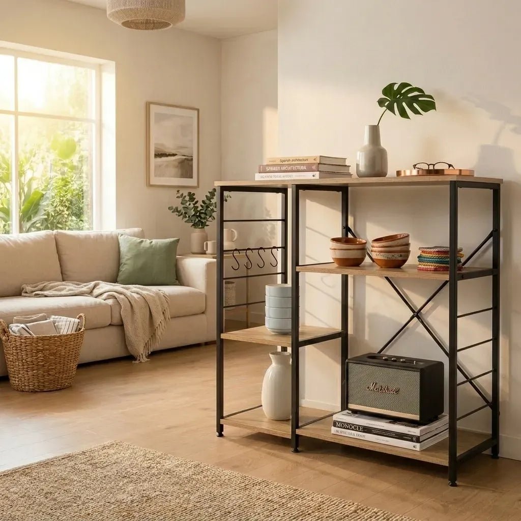 4 Tier Kitchen Baker's Rack Metal Shelf with Hooks - Brown - Furniture > Dining > Kitchen & Dining Trolleys - Rivercity House & Home Co. (ABN 18 642 972 209) - Affordable Modern Furniture Australia