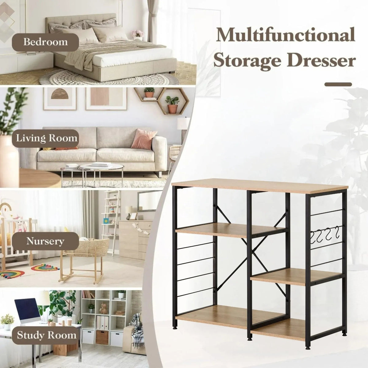 4 Tier Kitchen Baker's Rack Metal Shelf with Hooks - Brown - Furniture > Dining > Kitchen & Dining Trolleys - Rivercity House & Home Co. (ABN 18 642 972 209) - Affordable Modern Furniture Australia