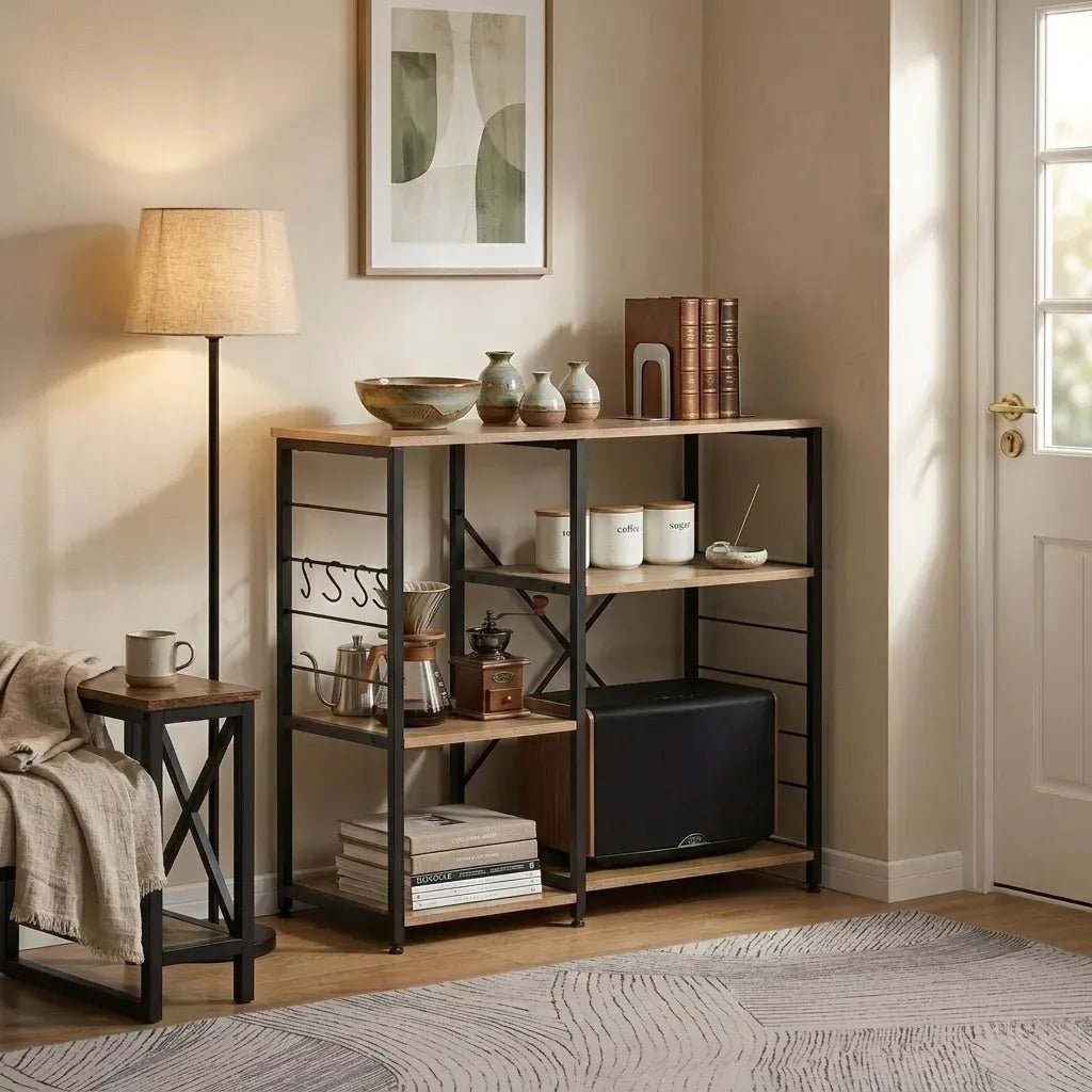 4 Tier Kitchen Baker's Rack Metal Shelf with Hooks - Brown - Furniture > Dining > Kitchen & Dining Trolleys - Rivercity House & Home Co. (ABN 18 642 972 209) - Affordable Modern Furniture Australia