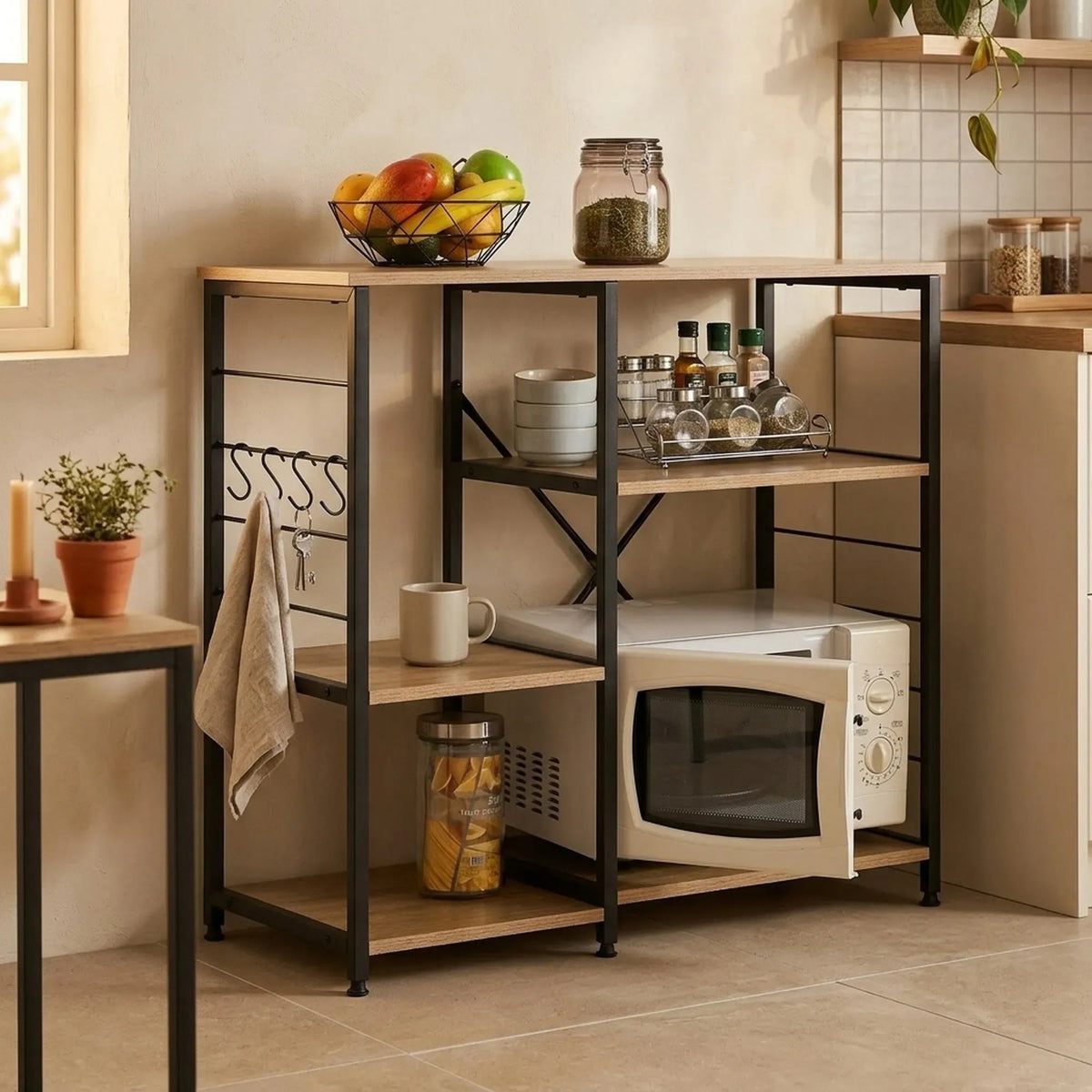 4 Tier Kitchen Baker's Rack Metal Shelf with Hooks - Brown - Furniture > Dining > Kitchen & Dining Trolleys - Rivercity House & Home Co. (ABN 18 642 972 209) - Affordable Modern Furniture Australia
