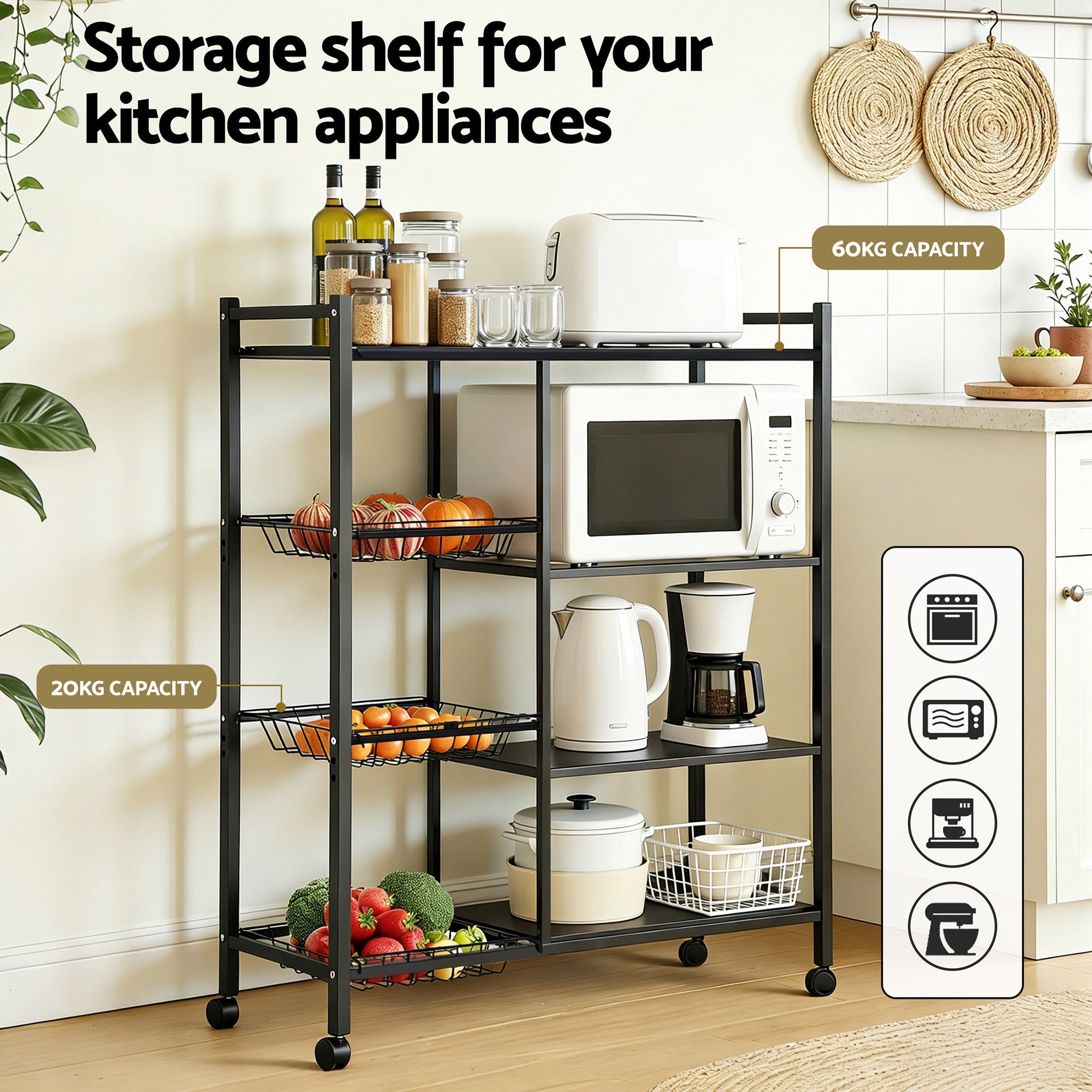 4 - Tier Kitchen Microwave Storage Rack with 3 Baskets and Wheels - Dark Grey - Appliances > Kitchen Appliances > Kitchen Appliance Accessories - Rivercity House & Home Co. (ABN 18 642 972 209) - Affordable Modern Furniture Australia